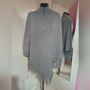 Calvin Klein Gray Fringe-Hem Knit Poncho